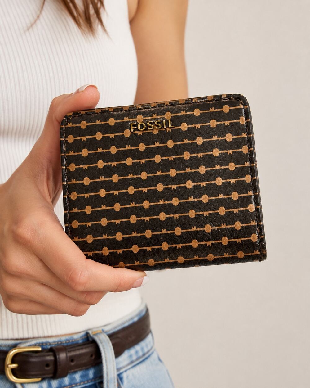 Fossil Tan Black Leather Fold Over Wallet Small Classic Women’s